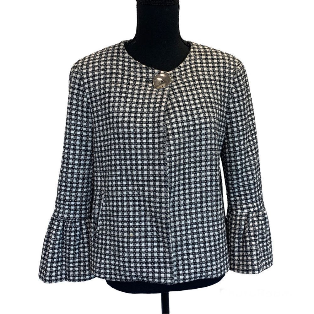 ZARA tweed plaid check black white bell sleeve jacket Sz M